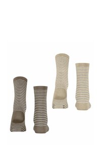 Zwei Paare von gestreiften Socken in einem hellbeige und dunkelbraun Farbschema, aus weichem Material mit glatter Textur.