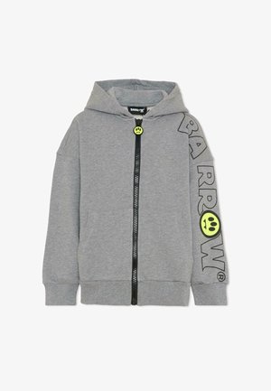 Sweat à capuche gris zippé avec poches avant, texte noir "BARROW" et visage souriant jaune sur la manche, avec tirette de fermeture éclair assortie en forme de smiley.