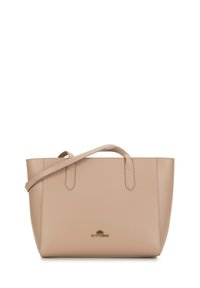 Borsa tote in pelle beige con due manici e una tracolla staccabile. Presenta una superficie testurizzata e un logo dorato al centro anteriore.