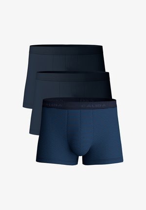 Heren boxershorts in marineblauw: twee effen paren en één gestreept ontwerp. Zachte stof met een merkband. Ontworpen voor comfort en pasvorm.