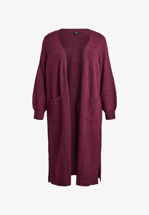 Cardigan lungo bordeaux realizzato in morbido tessuto a maglia, con scollatura a V profonda, due tasche frontali e spacchi sui lati.