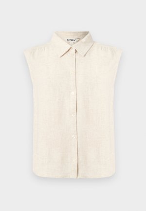 Ærmeløs beige linnedbluse med knapper for og spidse kraver samt diskrete rynkede skuldre, enkel frontdesign.