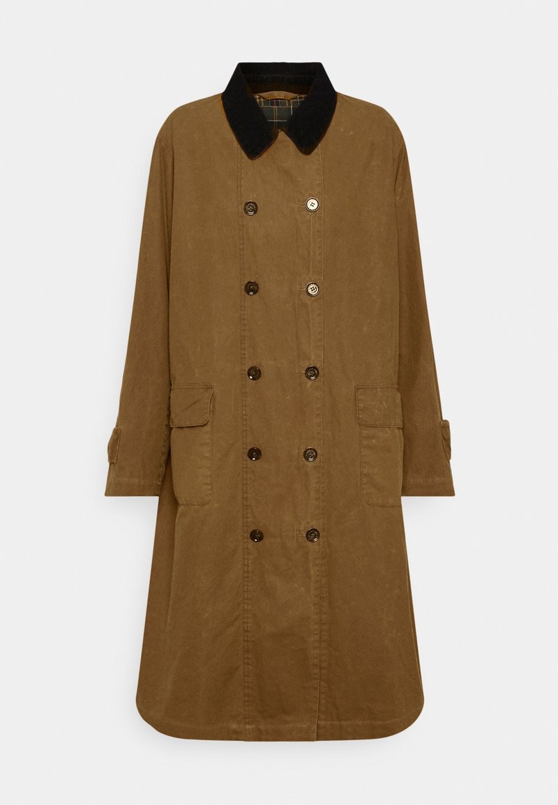 Brauner zweireihiger Trenchcoat mit schwarzem Kragen, Knopfverschluss und Seitentaschen. Hergestellt aus einem strukturierten, robusten Stoff.