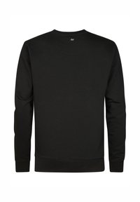 Sudadera negra de manga larga, con cuello redondo y puños acanalados. Fabricada en un material suave con una textura lisa. Diseño minimalista.