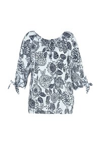 Blouse à fleurs en tissu blanc et marine, avec manches trois-quarts ornées de liens et un col arrondi. Le motif comprend diverses fleurs.