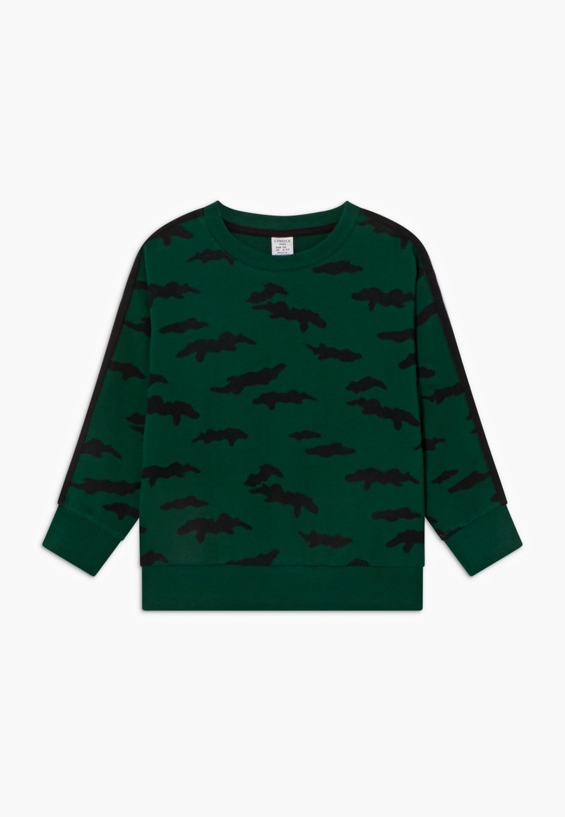 Sweatshirt à manches longues vert foncé avec des motifs de chauve-souris noirs et des rayures noires le long des manches, un col rond, des poignets et un ourlet côtelés.