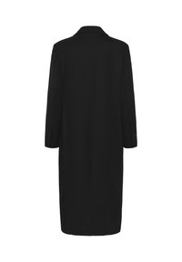 Manteau long noir avec boutons sur les manches, coupe droite, montré de dos sur un fond blanc.