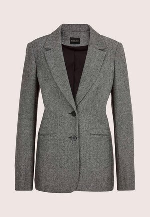 Grijze herringbone blazer met een notch-kraag, twee voorknopen en zijzakken. Gevoerd met zwarte stof voor contrast.