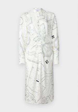 Baltas marškiniai su juodais geometriniais raštais, ilgomis rankovėmis, apykakle ir mygtukų užsegimu. Minkšta medžiaga su lygia tekstūra. Sukurtas su rinkta talija.