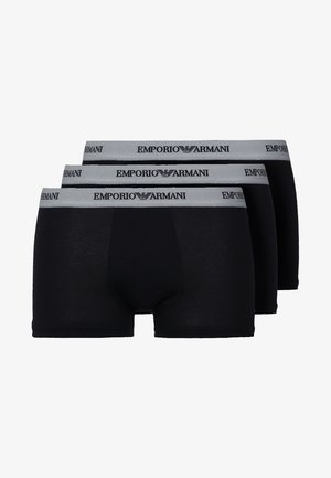 Boxer briefs de algodão pretos em um pacote de três, com uma faixa elástica cinza apresentando o logótipo "EMPORIO ARMANI". Textura suave e design ajustado.