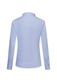 Light blue long-sleeve shirt with a subtle texture, buttoned cuffs, and a classic collar. Back view shows a curved hemline.