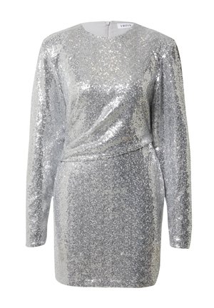 Silberne Paillettenkleid mit langen Ärmeln, rundem Halsausschnitt und einer engen Silhouette mit gerafftem Taillenbereich. Reißverschluss hinten.