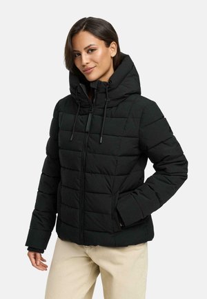 Black puffer jacket with a hood, featuring a quilted design, front zipper, and drawstring. Soft texture with side pockets.