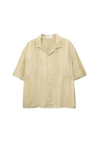 Kortærmet, skjortebluse med knapper i lys beige med lodrette striber. Blødt, struktureret stof med en afslappet krave og plettede knapper.