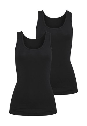 Zwei schwarze Tanktops aus weichem Stoff, mit einem runden Ausschnitt, figurbetontem Schnitt und ohne Muster oder Verzierungen.