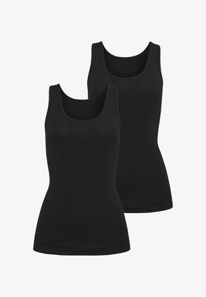 Twee zwarte tanktops van zachte stof, met een ronde hals, aansluitende pasvorm en zonder patronen of versieringen.