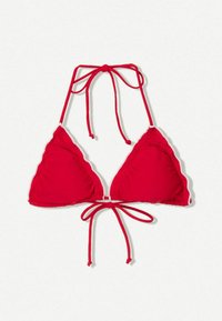 Red bikini top with triangular cups, adjustable neck and back ties, featuring a white trim along the edges and a soft, smooth texture.