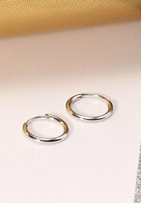 Silberne und goldene Hoops-Ohrringe, runde Form, glatte Textur, mit einer polierten Oberfläche und sichtbar sichtbar hinge für den Verschluss.