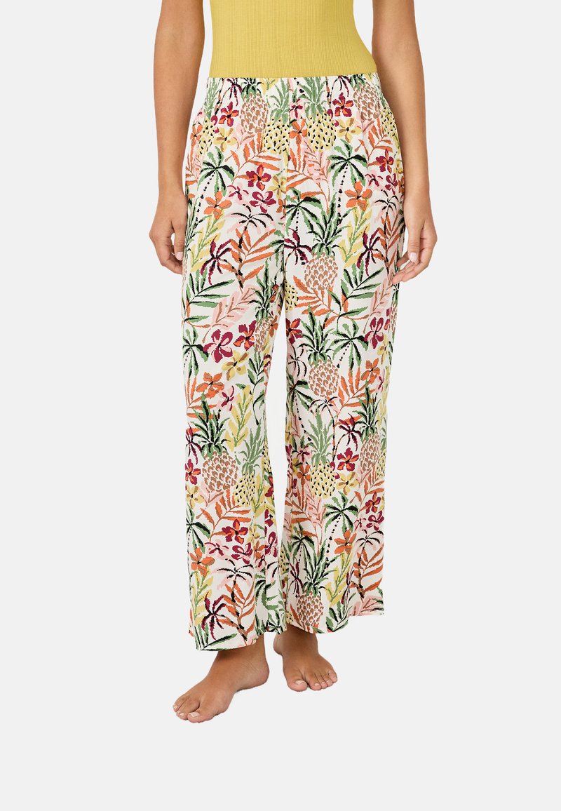Pantalones florales fluidos de tejido ligero. Presentan un patrón vibrante con hojas verdes, flores rosas y acentos amarillos. Cintura elástica, pierna ancha.