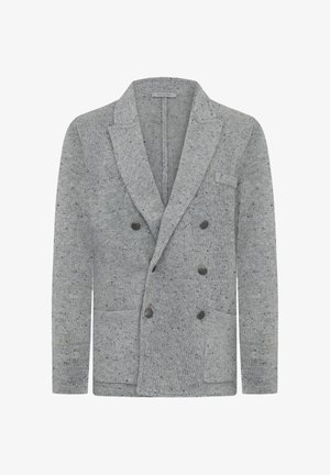 Blazer de punto gris con un diseño de doble botonadura, dos bolsillos frontales y motas en contraste. Presenta un cuello tipo chal y botones oscuros.