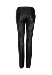 Zwarte leren broek met een aansluitend ontwerp, voorzien van een gladde textuur, twee achterzakken en minimale hardware-details.