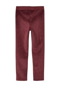 Burgundy leggings with a shiny elastic waistband, made from a soft, smooth material with a slight sheen and slim-fit design.