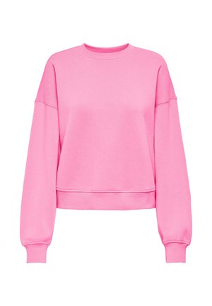 Ροζ cropped φούτερ με μακριά μανίκια, ριμπ μανσέτες και στρογγυλή λαιμόκοψη. Κατασκευασμένο από απαλό ύφασμα μείγματος βαμβακιού με λεία υφή.
