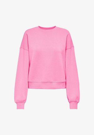 Pink cropped sweatshirt with long sleeves, ribbed cuffs, and a round neckline. Made from soft cotton blend fabric with a smooth texture.