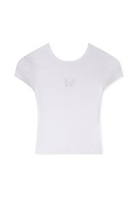 T-shirt bianco a coste con scollo rotondo e maniche corte, caratterizzato da una discreta farfalla ricamata al centro.