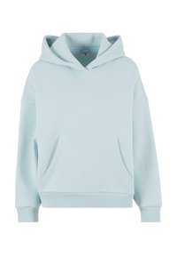 Svetlomodrá mikina s kapucňou vyrobená z mäkkej látky, so prednou vreckom, nadmerným strihom a vyšitým logom v jemnej farbe.