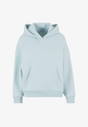 Fénykék kapucnis pulcsi, puha anyagból készült, elülső zsebből álló, oversized szabású, finom színű hímzett logóval.