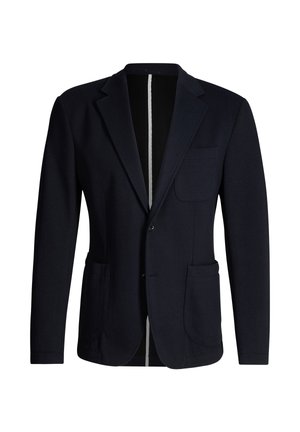 Blazer pour homme bleu marine avec revers en encoche, fermeture à deux boutons simple boutonnage et trois poches plaquées à l'avant.