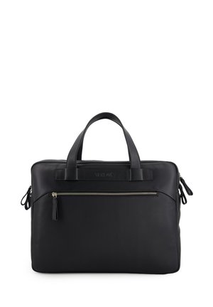 Černá kožená aktovka s dvojitými horními rukojetí a přední kapsou na zip. Hladký povrch a minimalistický design. Zipové detaily na stranách.