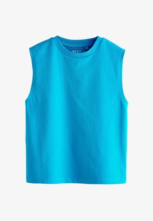 Turquoise mouwloos topje van zachte katoen, met een ronde hals en een rechte zoom, met een gladde textuur en zonder patronen.