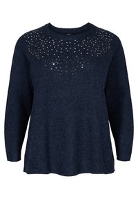 Marinblå tröja med en avkopplad passform, med en texturerad stickning och utsmyckade paljetter i ett hjärtmönster på den övre framsidan.