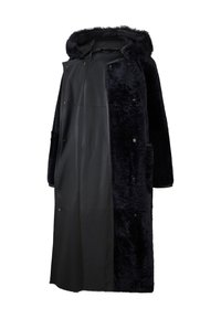 Lang frakk med en sort kunstpels-yderside og en glat læder-inderside, hætte, trykknaplukning og sidelommer.