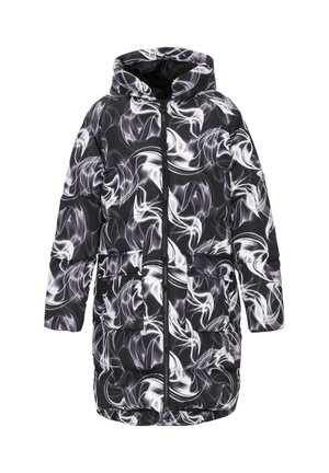 Parka nera e bianca imbottita con motivo di fumi vorticosi, cappuccio, chiusura frontale con zip e due tasche frontali.