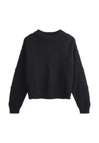 Schwarzer Strickpullover mit Rundhalsausschnitt, cropped Design, strukturierter Stoff, mit Zopf- und Rautenmuster auf der Vorderseite und den Ärmeln.