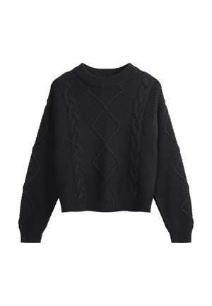 Black knitted sweater with a round neck, cropped design, textured fabric, featuring cable and diamond patterns on the front and sleeves.