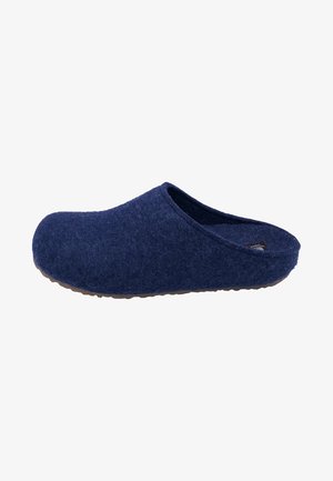 Navy felt clogs with a rounded toe, open back design, and a textured rubber sole for grip. Simple construction and soft material.