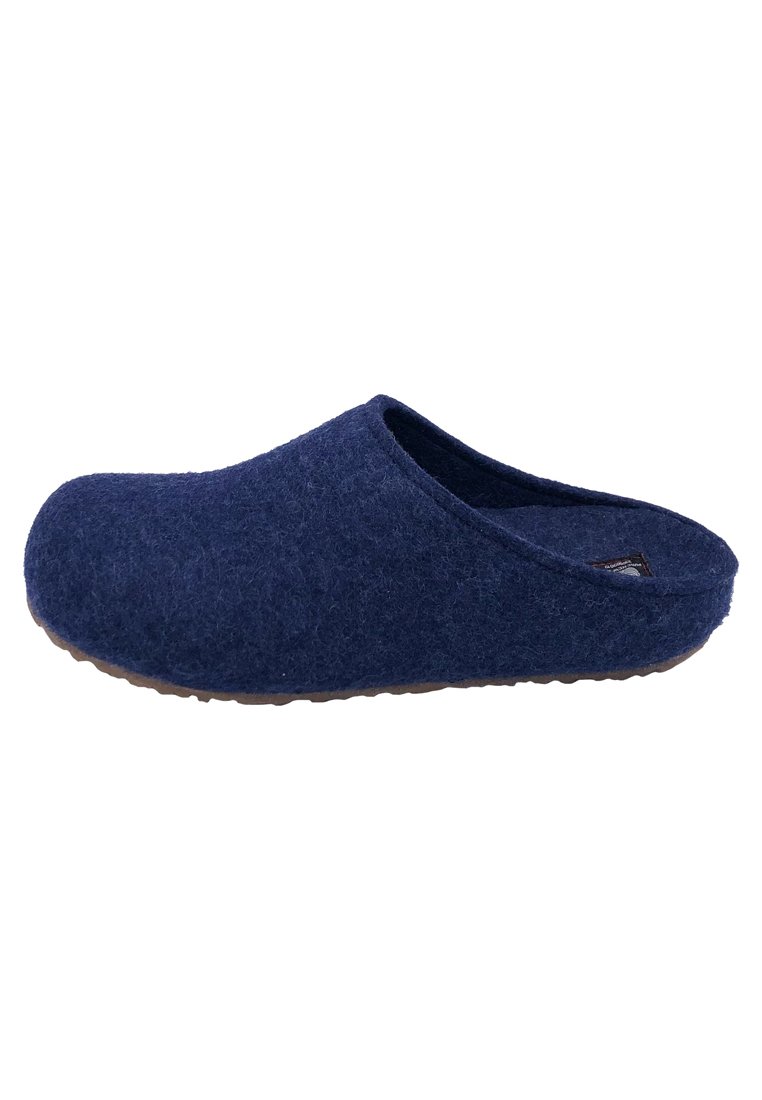 Navy felt clogs with a rounded toe, open back design, and a textured rubber sole for grip. Simple construction and soft material.