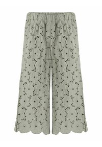 Lichtgrijze wijde broek met een geborduurd bloemenpatroon en oogjesdetails, voorzien van een gathered elastische tailleband en gegolfde zomen.