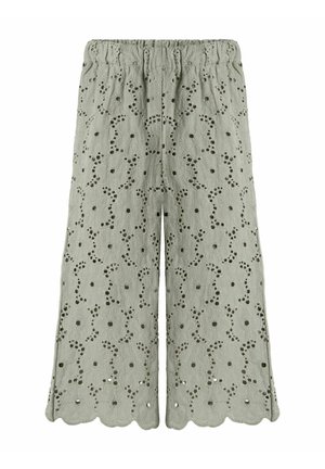 Pantaloni larghi grigio chiaro con motivo floreale ricamato e dettagli in occhio di pernice, caratterizzati da una vita elastica arricciata e orli a scallop.