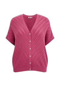 Fuchsia stickad cardigan med korta ärmar, med v-ringning, knäppning framtill och texturerad diagonalt randig mönster.