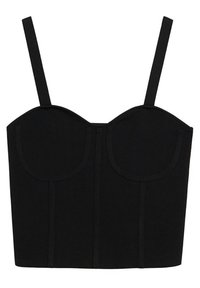 Black cropped bustier featuring thick straps, a structured design with padded cups, and vertical seams for added definition.