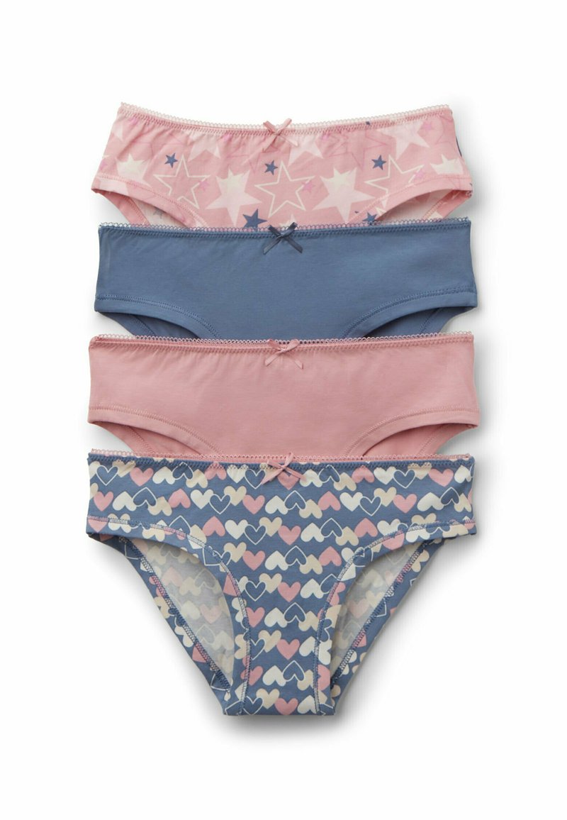 Cuatro pares de panties de algodón para niñas: rosa con estrellas, azul sólido, rosa sólido y azul con estampado de corazones. Cada uno tiene un pequeño detalle de lazo.