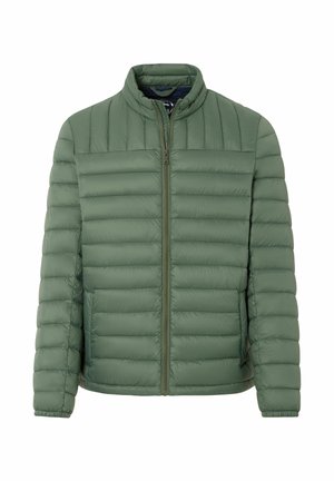 Veste matelassée vert clair avec fermeture éclair à l'avant, col montant et manches longues, posée à plat sur un fond blanc.