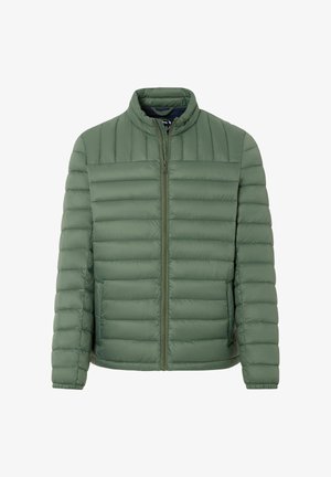 Veste matelassée vert clair avec fermeture éclair à l'avant, col montant et manches longues, posée à plat sur un fond blanc.