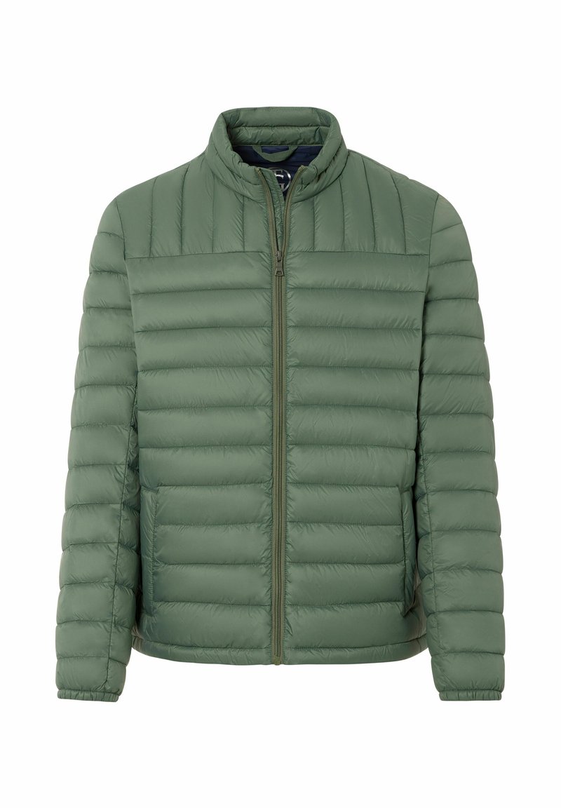 Hellgrüne gesteppte Jacke mit Reißverschluss vorne, Stehkragen und langen Ärmeln, flach auf einem weißen Hintergrund ausgelegt.