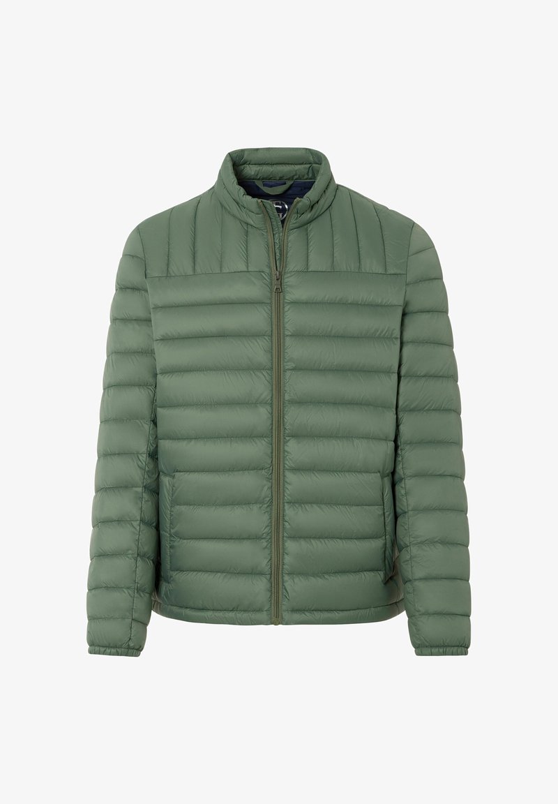 Hellgrüne gesteppte Jacke mit Reißverschluss vorne, Stehkragen und langen Ärmeln, flach auf einem weißen Hintergrund ausgelegt.